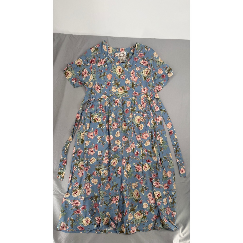 Erika Vintage Floral Midi Dress Blue Rayon Button Front Pockets Back Tie Medium